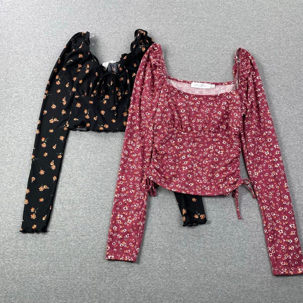 NWOT Lot of 2 All in Favor Floral Long Sleeve Crop Tops XS Black Burgundy Ruched